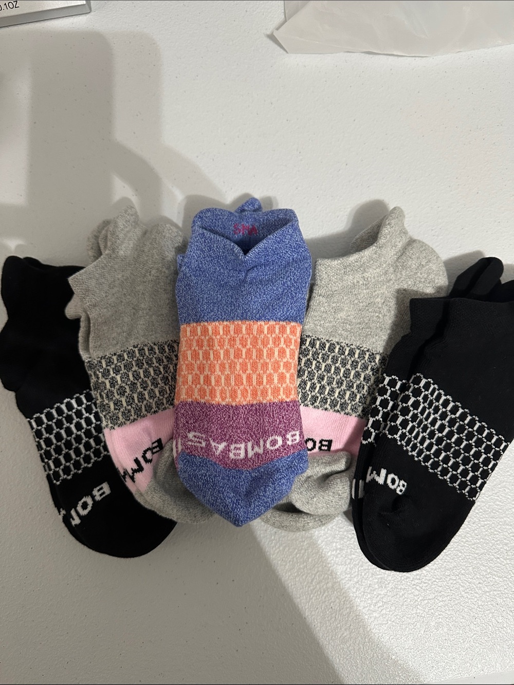 Bombas Low-Cut Socks Set - Black, Gray, Blue/Purple with Orange & Pink Accents